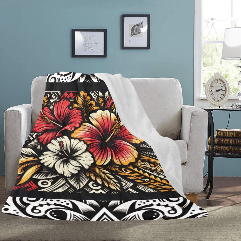 Tribal Hibiscus print with white border  Ultra-Soft Micro Fleece Blanket 60"x80"