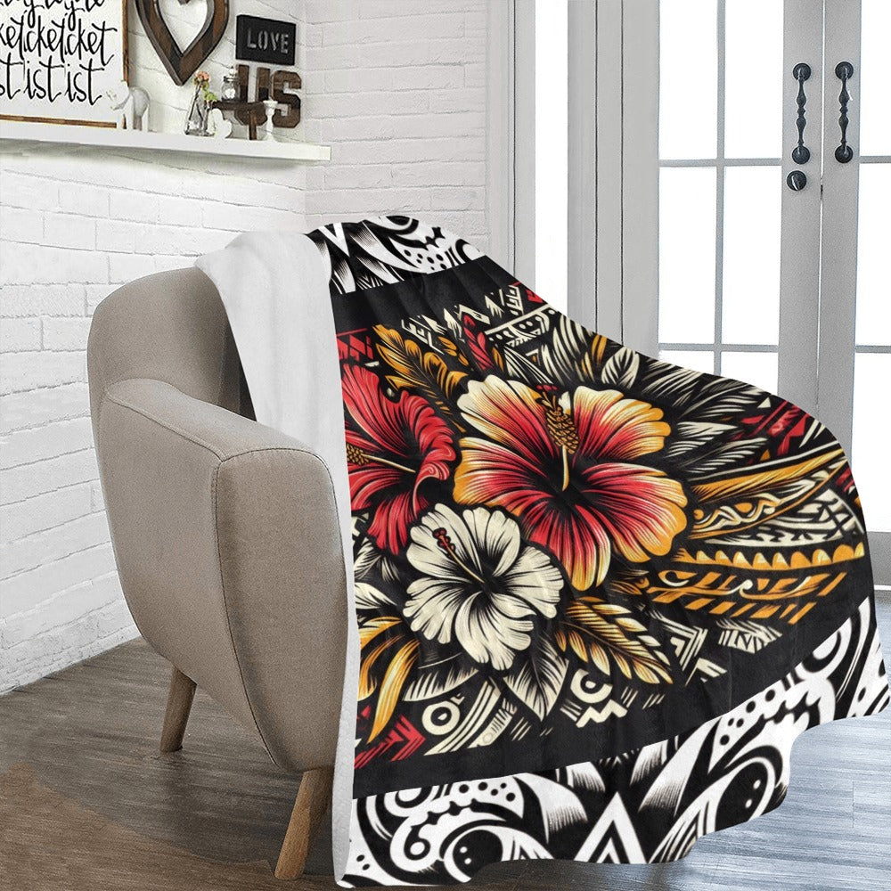 Tribal Hibiscus print with white border  Ultra-Soft Micro Fleece Blanket 60"x80"