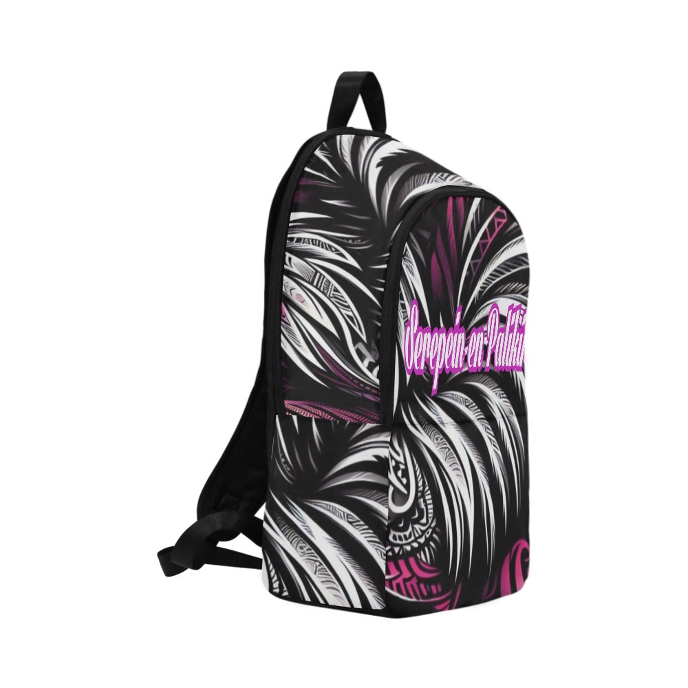 Serepein En Palikir Tribal design backpack with purple and white font