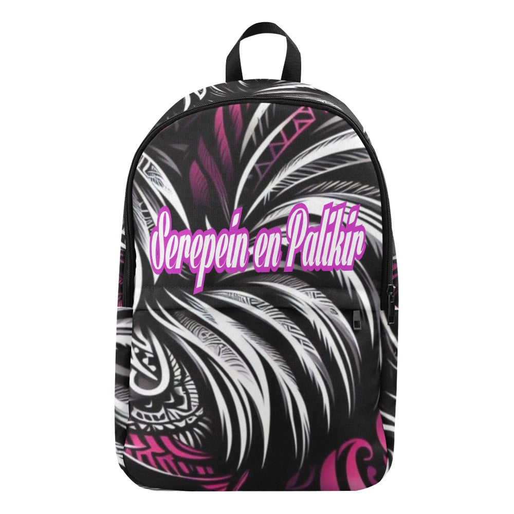 Serepein En Palikir Tribal design backpack with purple and white font