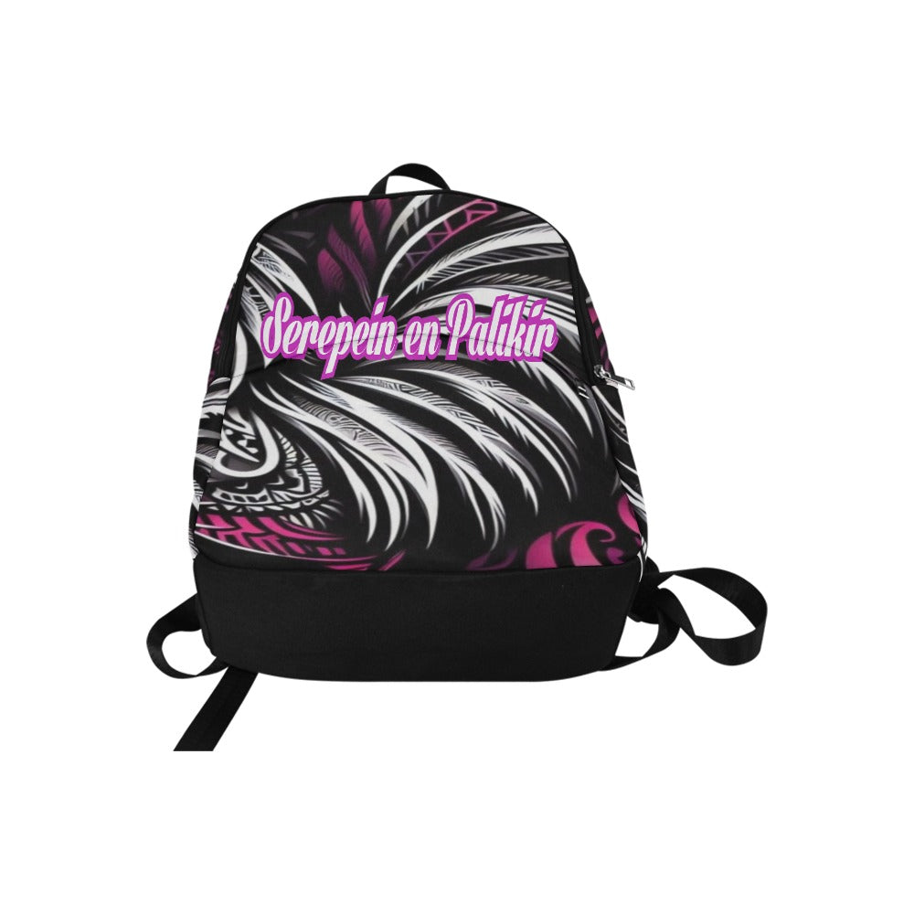 Serepein En Palikir Tribal design backpack with purple and white font