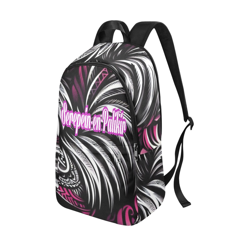 Serepein En Palikir Tribal design backpack with purple and white font